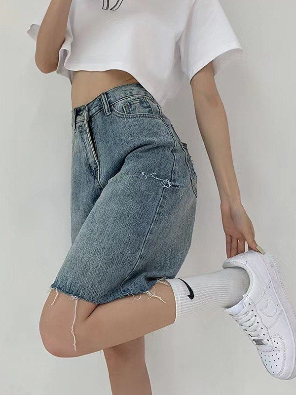 DISTRESSED DENIM BERMUDA SHORTS WITH RAW HEM - KNEE-LENGTH DENIM SHORTS