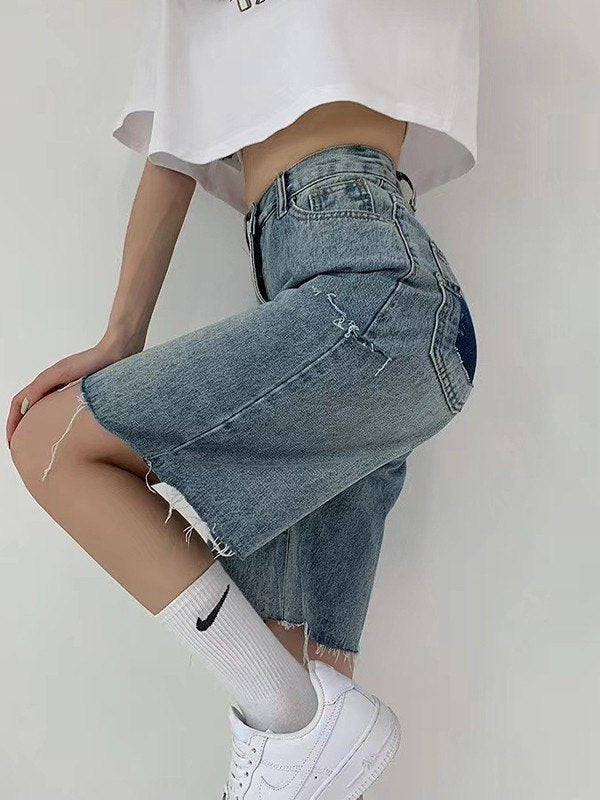 DISTRESSED DENIM BERMUDA SHORTS WITH RAW HEM - KNEE-LENGTH DENIM SHORTS