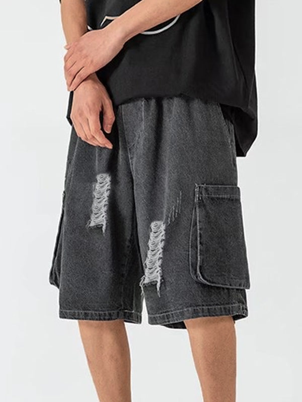 DISTRESSED DENIM CARGO SHORTS WITH ASYMMETRIC HOLE DESIGN
