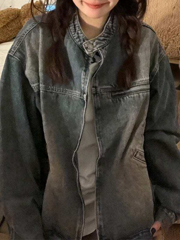 DISTRESSED DENIM JACKET RETRO BLUE DISTRESSED STYLE