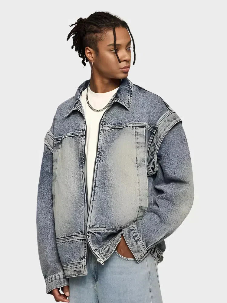 DISTRESSED DENIM JACKET VINTAGE DENIM STYLE
