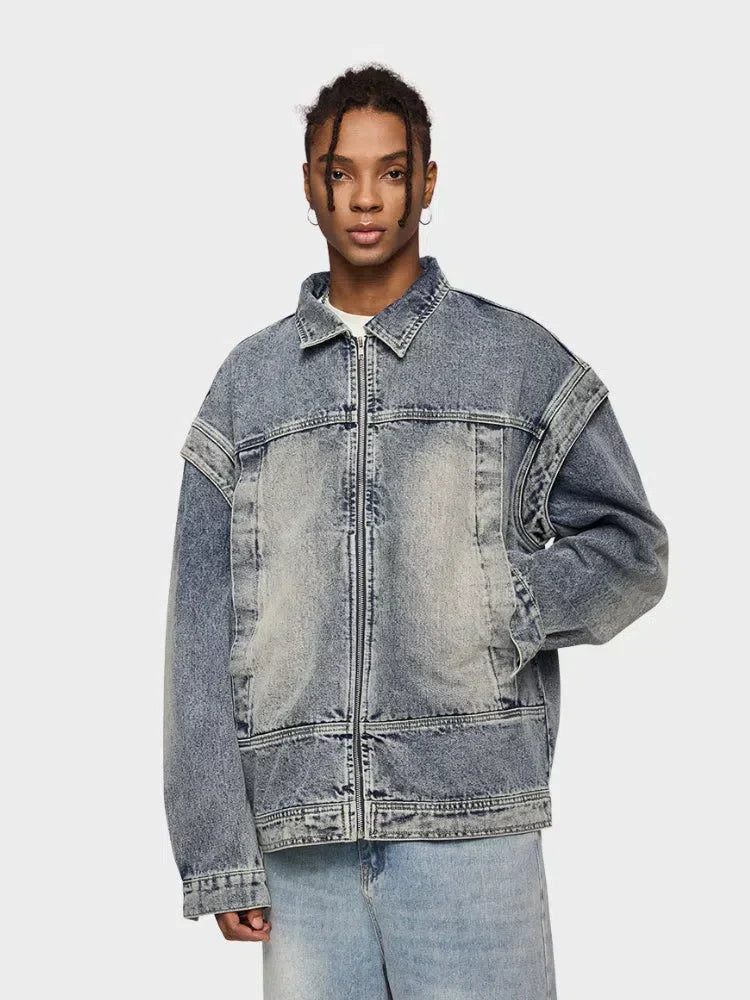 DISTRESSED DENIM JACKET VINTAGE DENIM STYLE