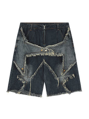 DISTRESSED DENIM SHORTS WITH LOOSE FIT COTTON BLEND DESIGN