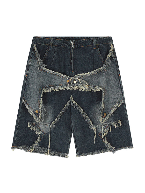 DISTRESSED DENIM SHORTS WITH LOOSE FIT COTTON BLEND DESIGN