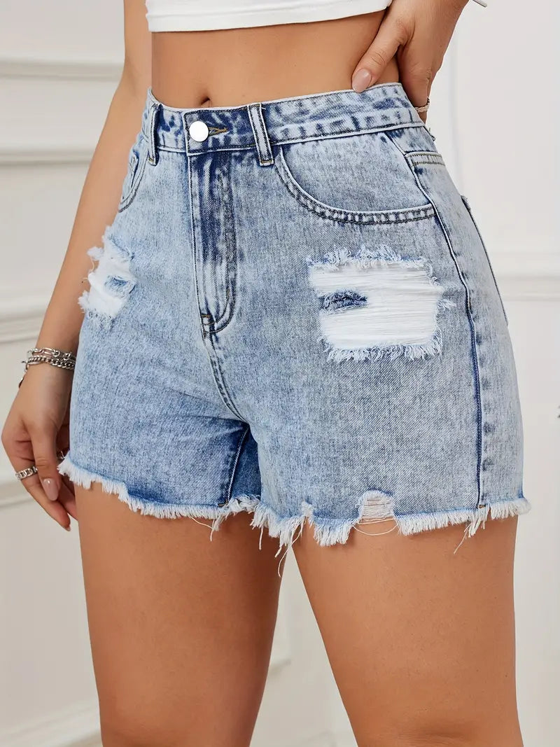 DISTRESSED DENIM SHORTS WITH RIPPED DETAILS AND RAW HEM