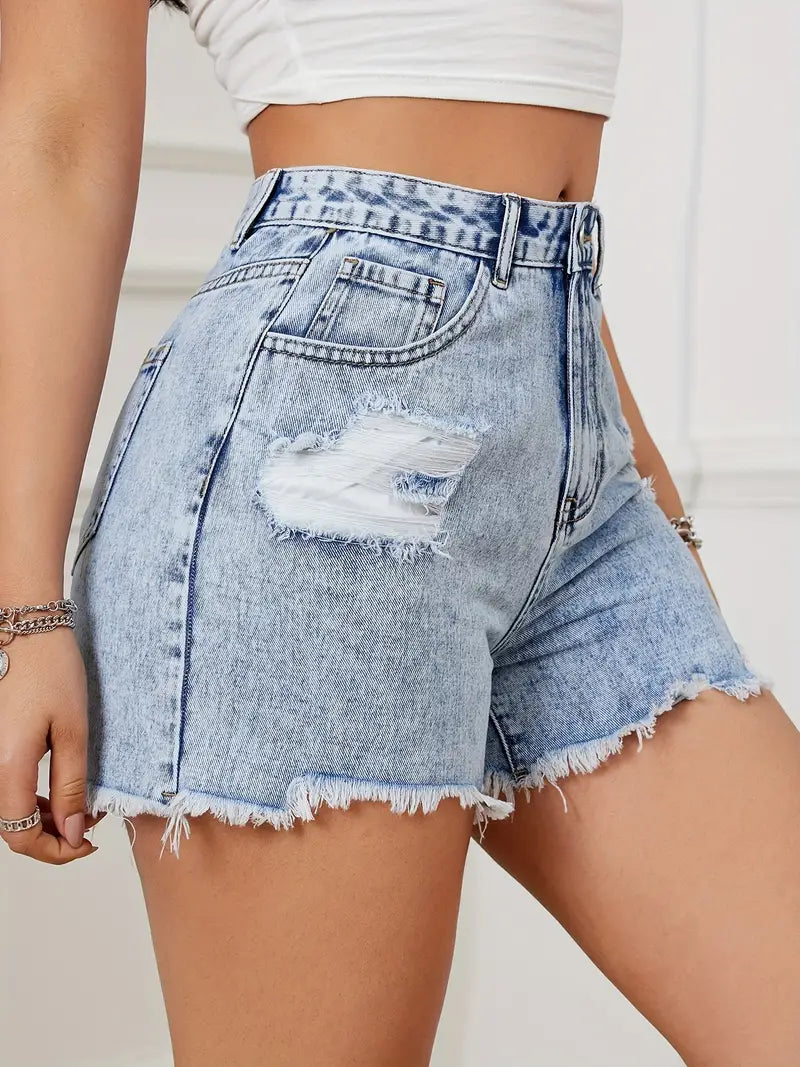DISTRESSED DENIM SHORTS WITH RIPPED DETAILS AND RAW HEM