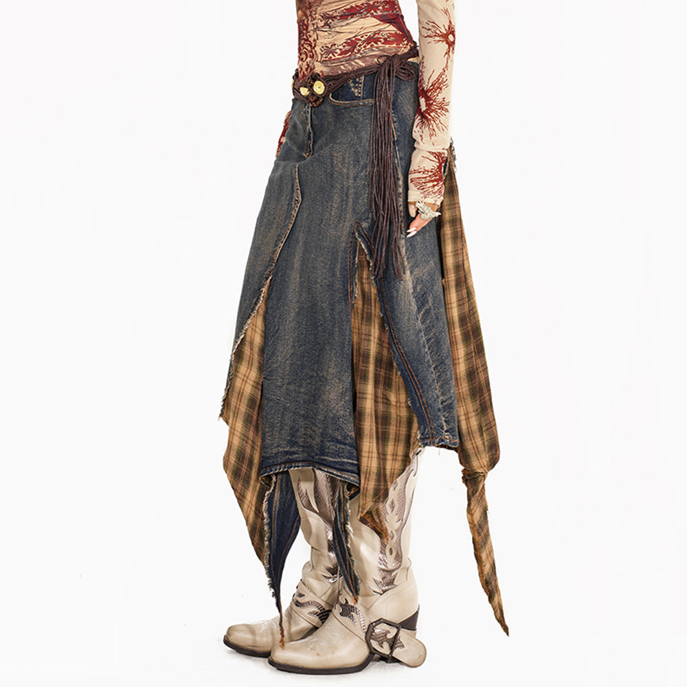 DISTRESSED DENIM SKIRT WITH PLAID INSERTS FOR CASUAL WEAR