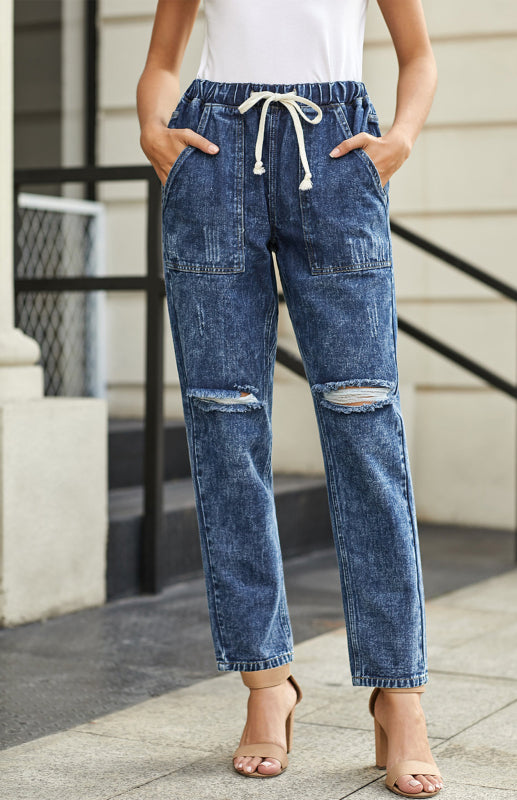 Distressed Drawstring Gather Round Distressed Pocketed Denim Jogger - Blue / S