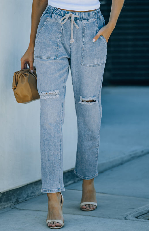 Distressed Drawstring Gather Round Distressed Pocketed Denim Jogger - Clear blue / S