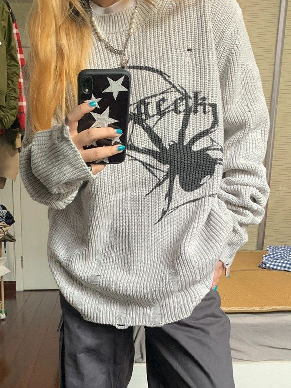 DISTRESSED GRAY SPIDER SWEATER - GRAY PUNK SWEATER