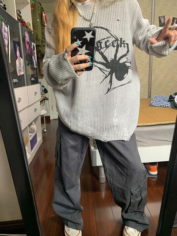 DISTRESSED GRAY SPIDER SWEATER - GRAY PUNK SWEATER