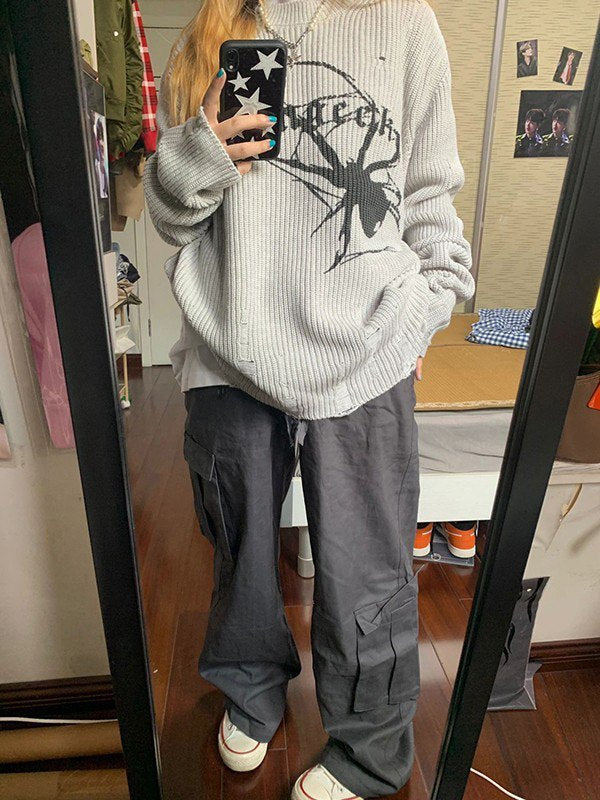 DISTRESSED GRAY SPIDER SWEATER - GRAY PUNK SWEATER