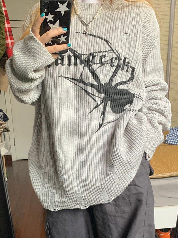 DISTRESSED GRAY SPIDER SWEATER - GRAY PUNK SWEATER
