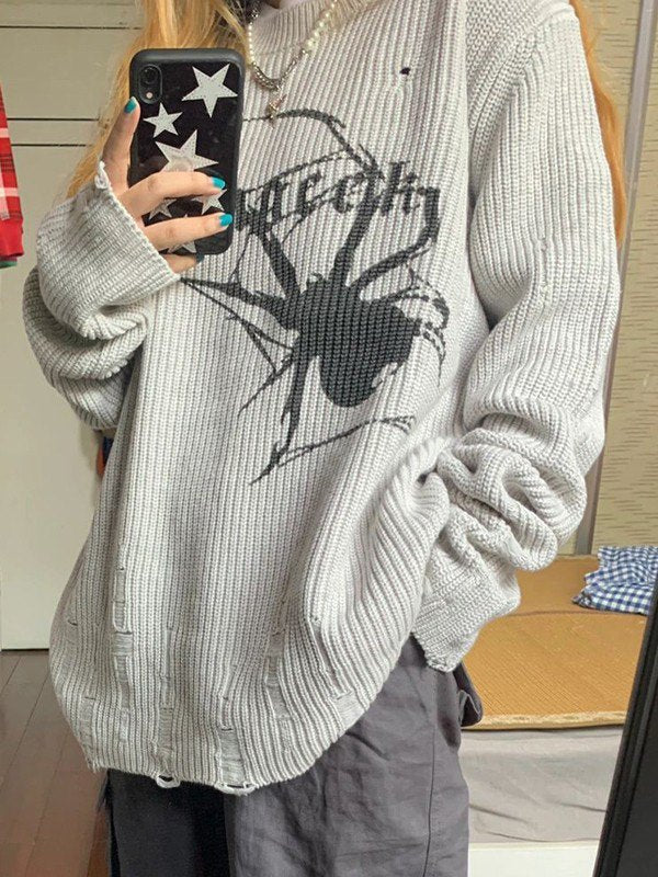 DISTRESSED GRAY SPIDER SWEATER - GRAY PUNK SWEATER