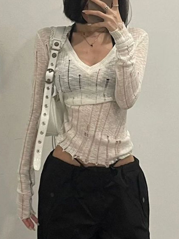 DISTRESSED KNIT V-NECK TOP VERSATILE SLIM FIT SWEATER