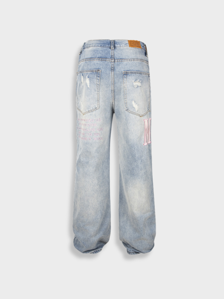 DISTRESSED LIGHT BLUE JEANS WITH SIZE CHART FOR EXPERT FIT GUIDANCE