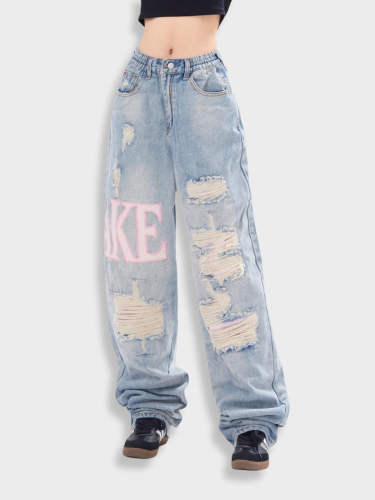 DISTRESSED LIGHT BLUE JEANS WITH SIZE CHART FOR EXPERT FIT GUIDANCE
