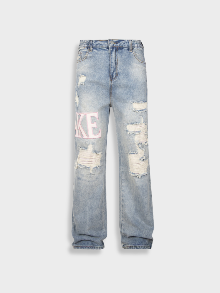 DISTRESSED LIGHT BLUE JEANS WITH SIZE CHART FOR EXPERT FIT GUIDANCE