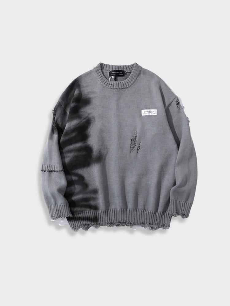 DISTRESSED SWEATER WITH SPRAY PAINT DESIGN FOR EVERYDAY WEAR