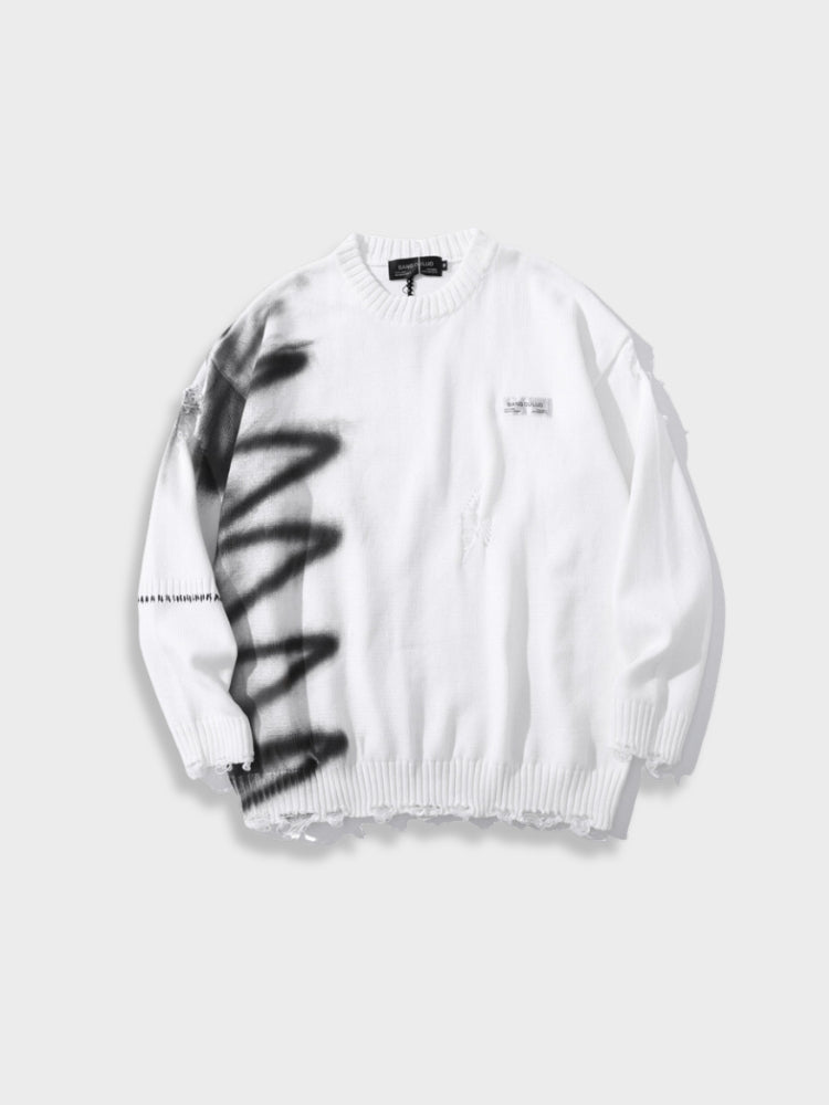 DISTRESSED SWEATER WITH SPRAY PAINT DESIGN FOR EVERYDAY WEAR