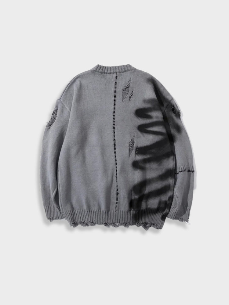 DISTRESSED SWEATER WITH SPRAY PAINT DESIGN FOR EVERYDAY WEAR