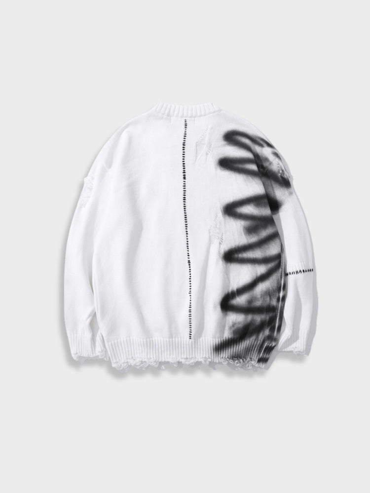 DISTRESSED SWEATER WITH SPRAY PAINT DESIGN FOR EVERYDAY WEAR