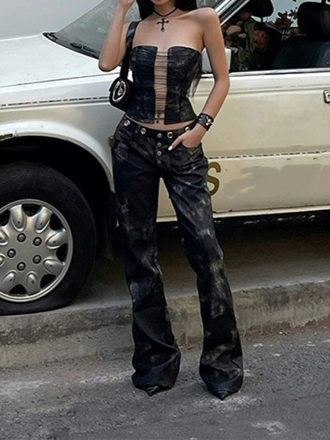 DISTRESSED TWO-PIECE SET WITH BLACK CUTOUT BANDEAU AND PANTS