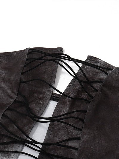DISTRESSED TWO-PIECE SET WITH BLACK CUTOUT BANDEAU AND PANTS