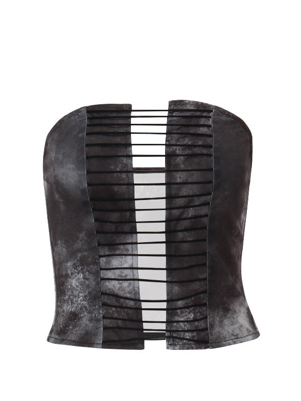 DISTRESSED TWO-PIECE SET WITH BLACK CUTOUT BANDEAU AND PANTS