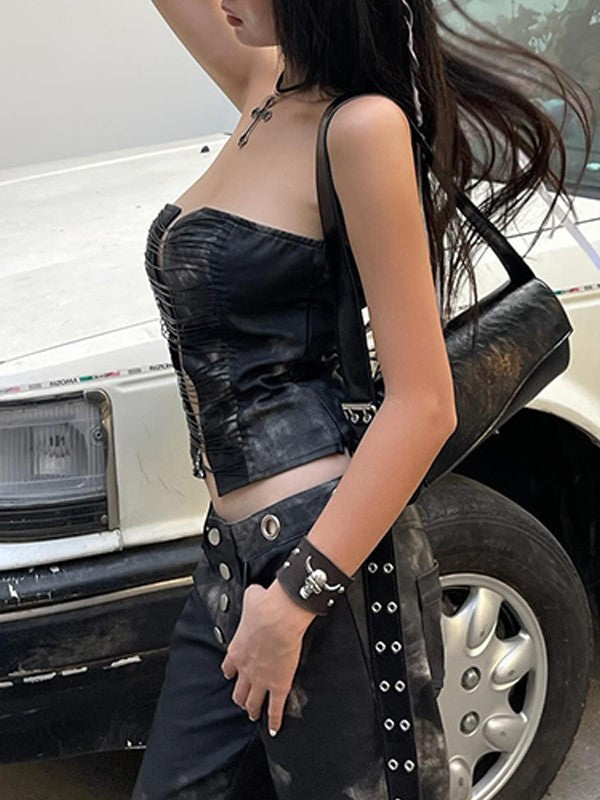 DISTRESSED TWO-PIECE SET WITH BLACK CUTOUT BANDEAU AND PANTS