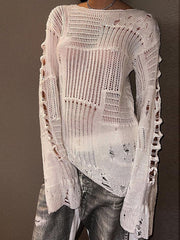 DISTRESSED WHITE KNIT SWEATER WITH CUTOUT DESIGN AND LONG SLEEVE