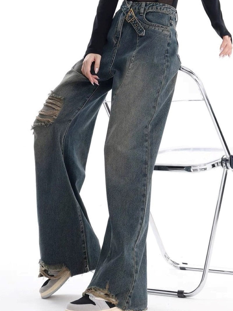 DISTRESSED WIDE-LEG DENIM JEANS WITH BELT - WASHED BAGGY BOYFRIEND STYLE