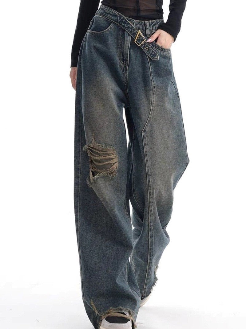 DISTRESSED WIDE-LEG DENIM JEANS WITH BELT - WASHED BAGGY BOYFRIEND STYLE