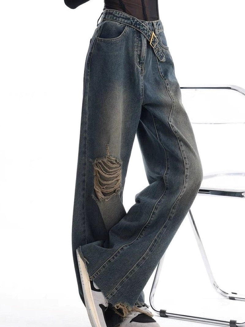 DISTRESSED WIDE-LEG DENIM JEANS WITH BELT - WASHED BAGGY BOYFRIEND STYLE