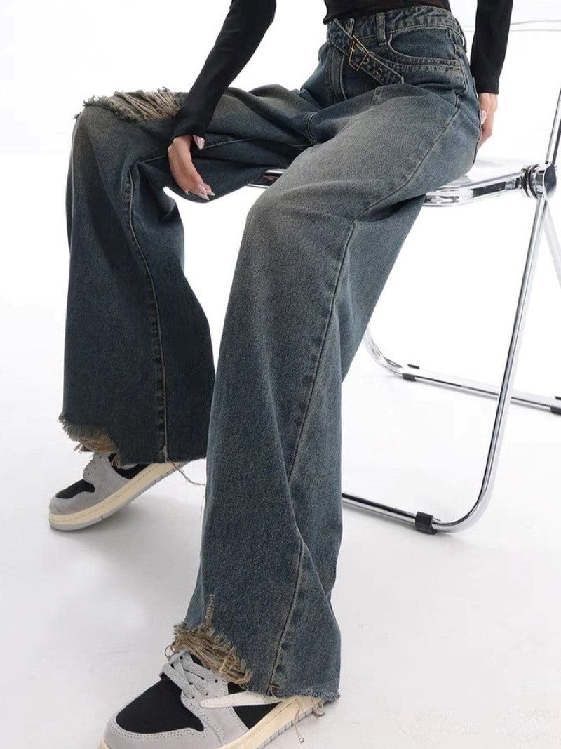 DISTRESSED WIDE-LEG DENIM JEANS WITH BELT - WASHED BAGGY BOYFRIEND STYLE