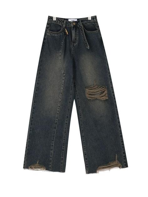 DISTRESSED WIDE-LEG DENIM JEANS WITH BELT - WASHED BAGGY BOYFRIEND STYLE
