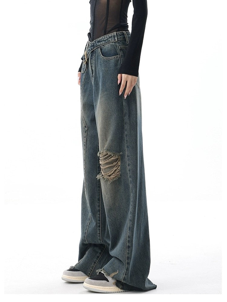 DISTRESSED WIDE-LEG DENIM JEANS WITH BELT - WASHED BAGGY BOYFRIEND STYLE