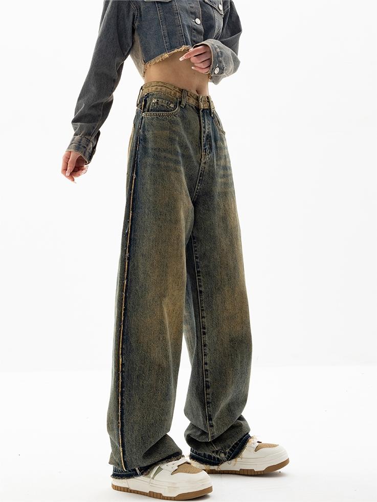 DISTRESSED WIDE-LEG JEANS BOYFRIEND FIT DENIM