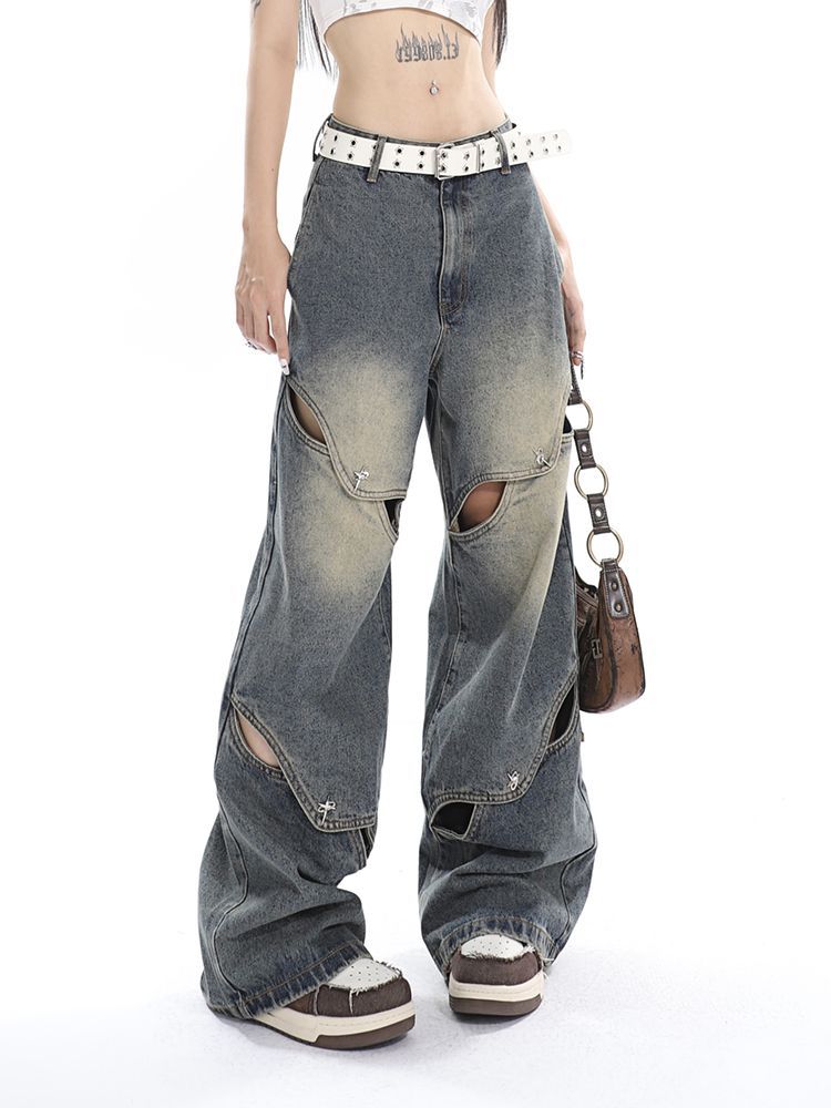 DISTRESSED WIDE-LEG JEANS WITH CUTOUTS VINTAGE BOYFRIEND STYLE