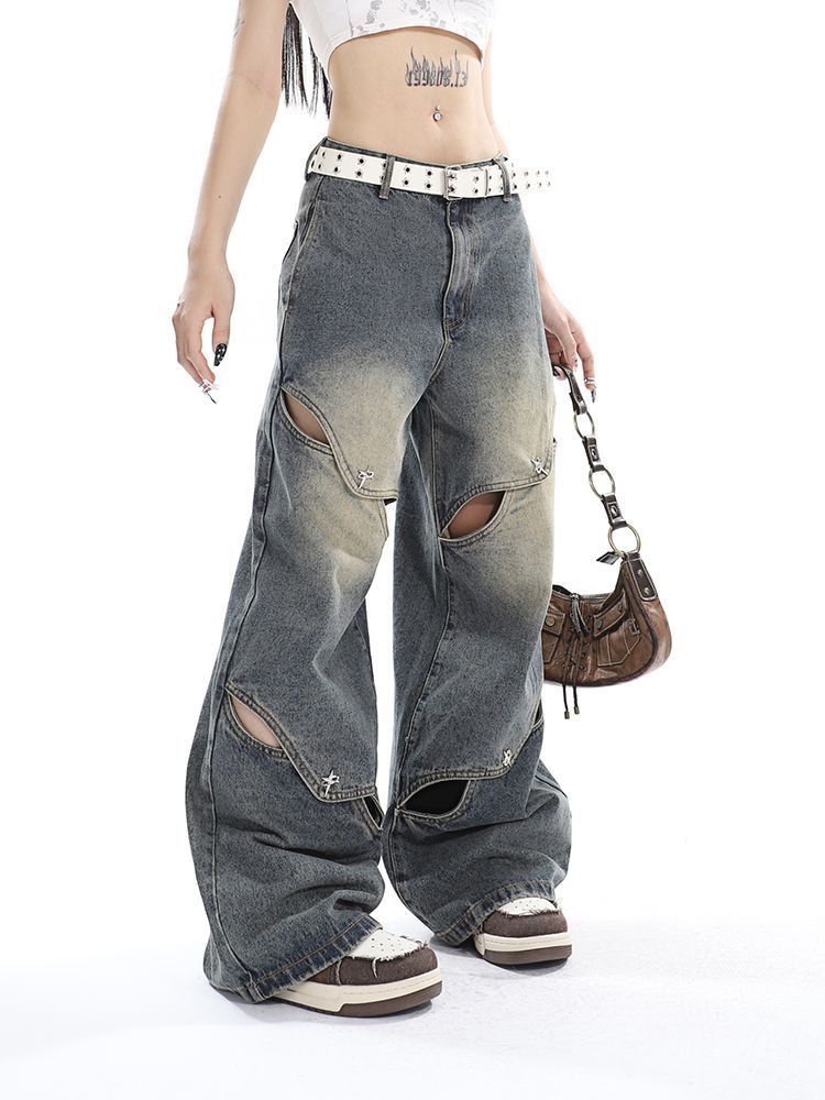 DISTRESSED WIDE-LEG JEANS WITH CUTOUTS VINTAGE BOYFRIEND STYLE