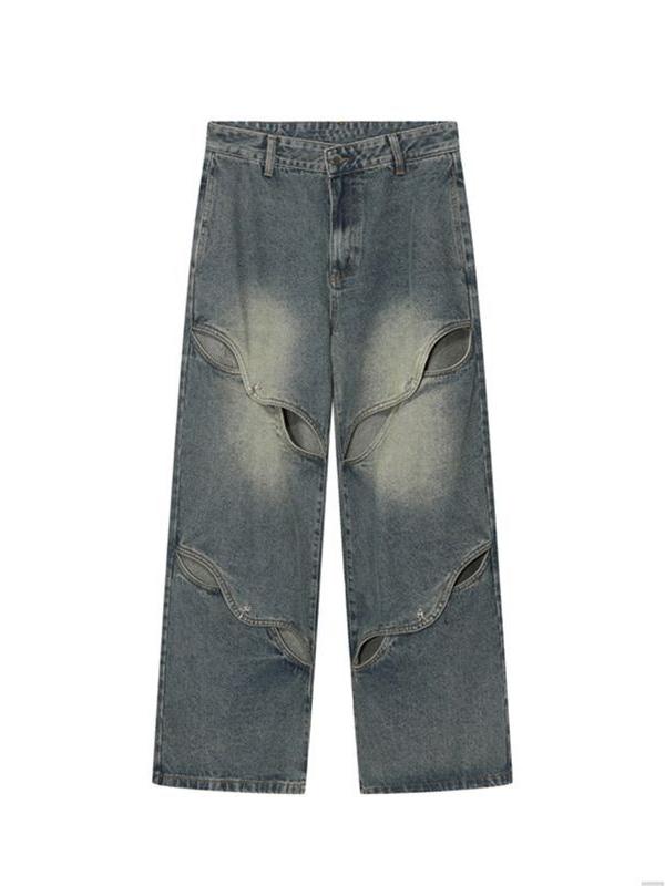 DISTRESSED WIDE-LEG JEANS WITH CUTOUTS VINTAGE BOYFRIEND STYLE