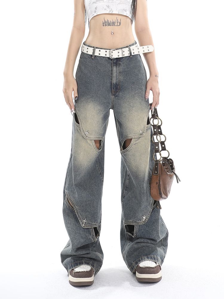 DISTRESSED WIDE-LEG JEANS WITH CUTOUTS VINTAGE BOYFRIEND STYLE