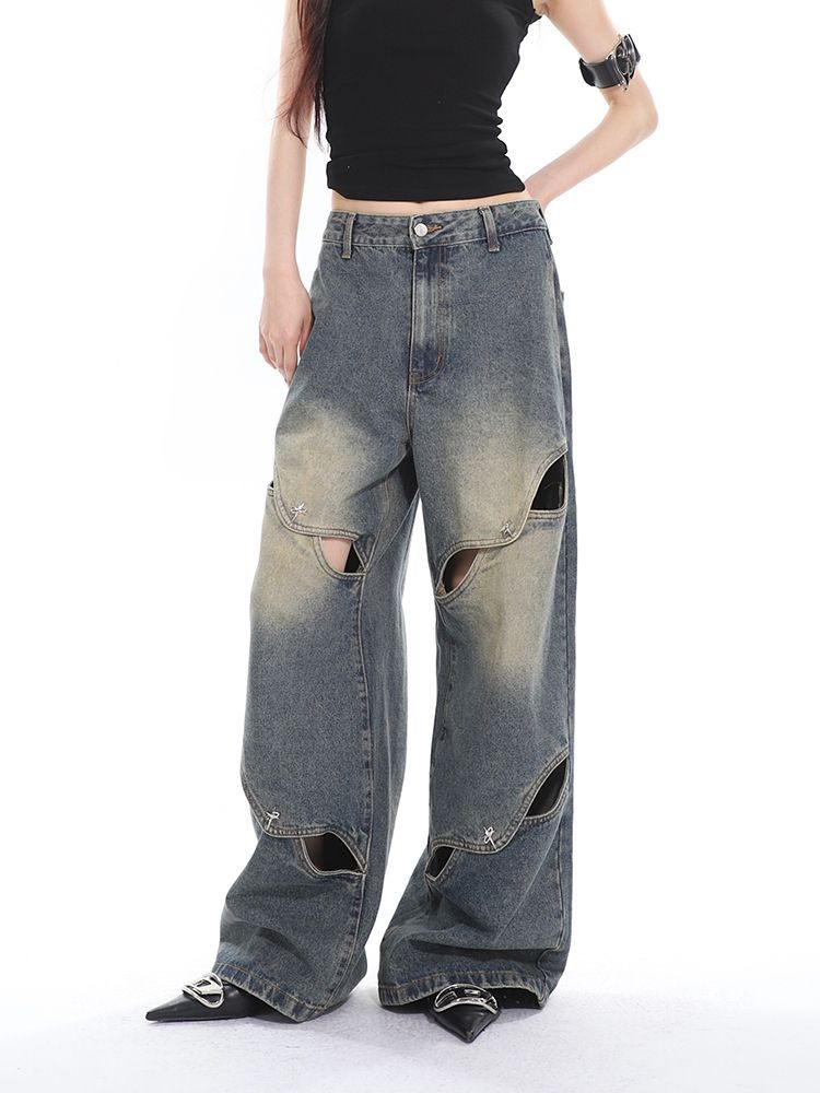 DISTRESSED WIDE-LEG JEANS WITH CUTOUTS VINTAGE BOYFRIEND STYLE