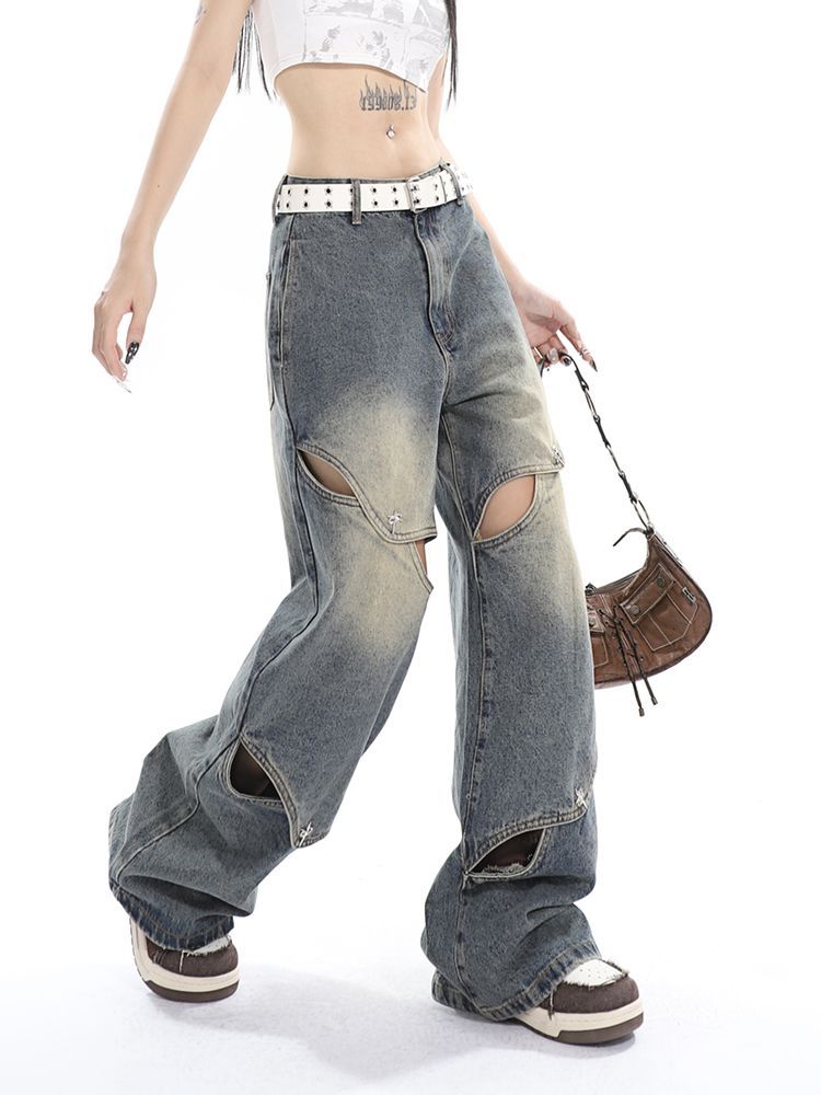 DISTRESSED WIDE-LEG JEANS WITH CUTOUTS VINTAGE BOYFRIEND STYLE
