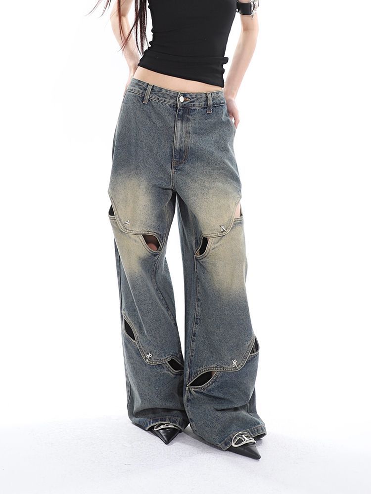 DISTRESSED WIDE-LEG JEANS WITH CUTOUTS VINTAGE BOYFRIEND STYLE