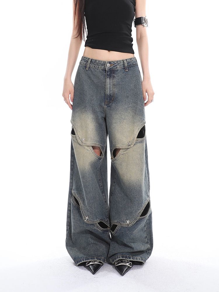 DISTRESSED WIDE-LEG JEANS WITH CUTOUTS VINTAGE BOYFRIEND STYLE