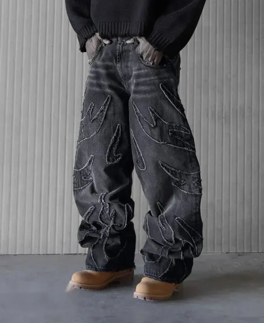 DISTRESSED WIDE-LEG JEANS WITH FLAME DETAILING Y2K HIP HOP STYLE