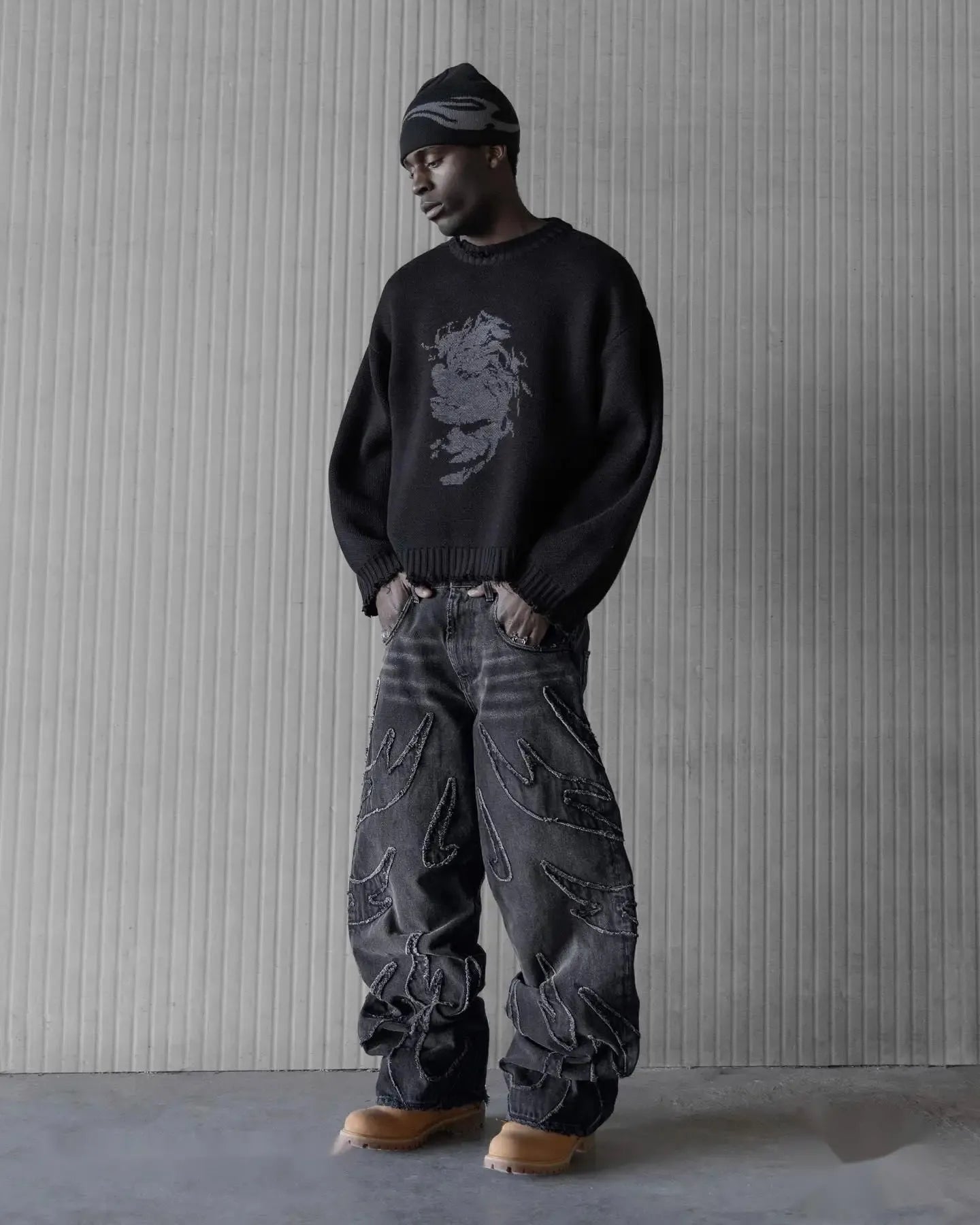 DISTRESSED WIDE-LEG JEANS WITH FLAME DETAILING Y2K HIP HOP STYLE