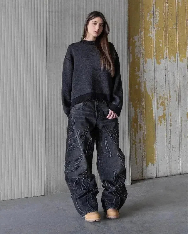 DISTRESSED WIDE-LEG JEANS WITH FLAME DETAILING Y2K HIP HOP STYLE