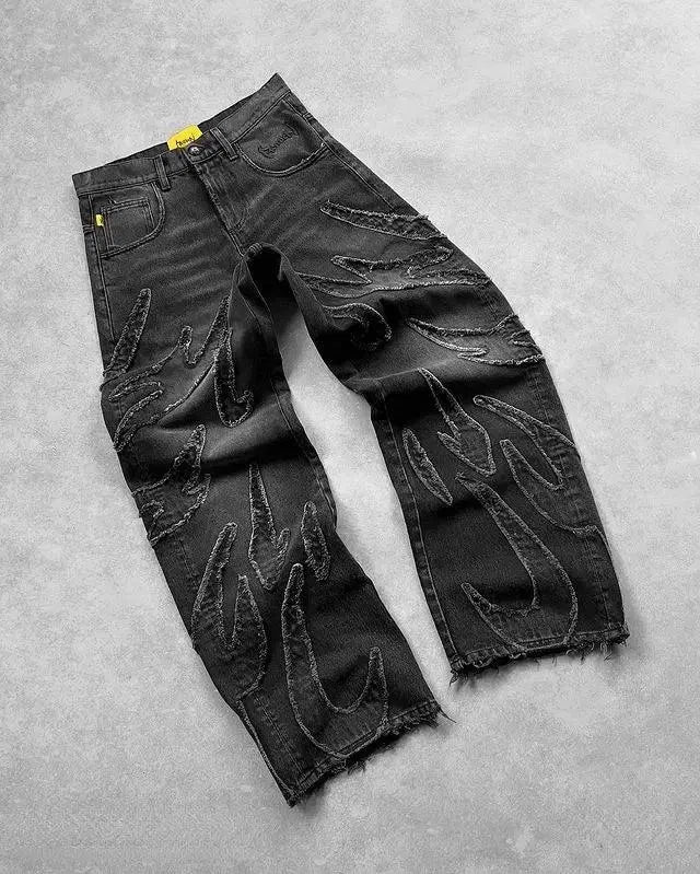 DISTRESSED WIDE-LEG JEANS WITH FLAME DETAILING Y2K HIP HOP STYLE